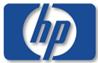 HP logo: Blue square with white circle; “hp” in slanted blue font.