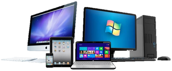 Assorted digital devices: desktop computer, laptop, tablet, smartphone.