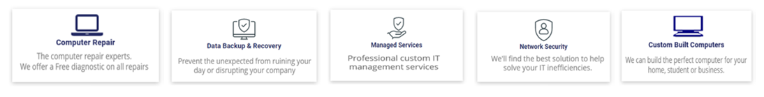 Five white boxes with icons and text, likely describing features or services.
