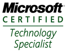 Microsoft Certified Technology Specialist logo. Black Microsoft text, green 