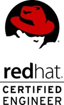 Red Hat Certified Engineer logo: red hat in a black circle, below text 