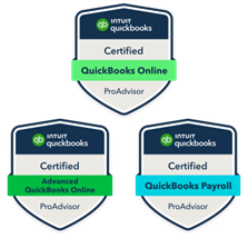 Three QuickBooks ProAdvisor badges: Certified QuickBooks Online, Advanced QuickBooks Online, and QuickBooks Payroll.