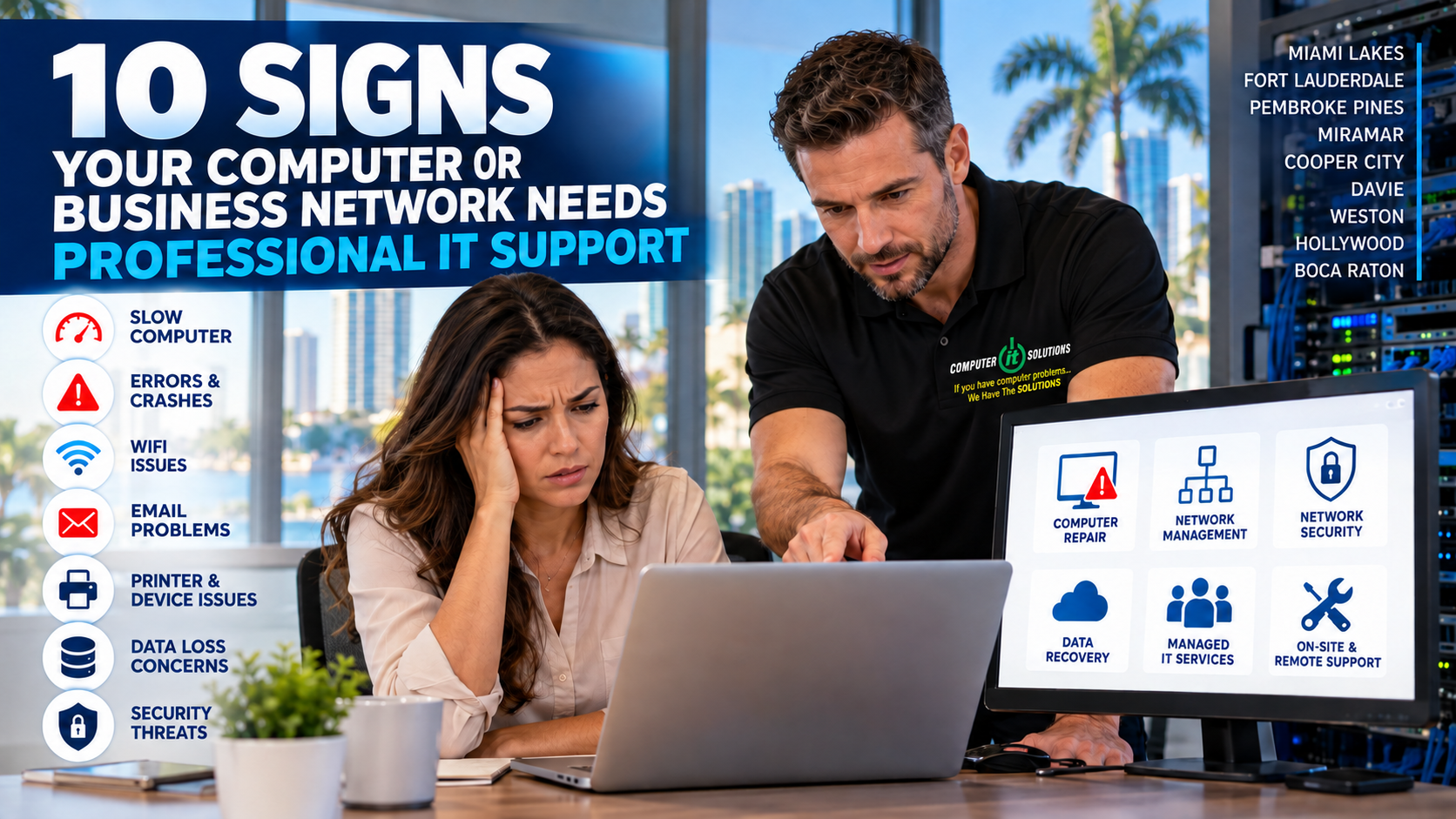 IT support ad with man and woman at a laptop, blue text, and network icons on a monitor outdoors