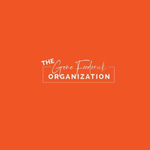A logo for the gene frederick organization on an orange background