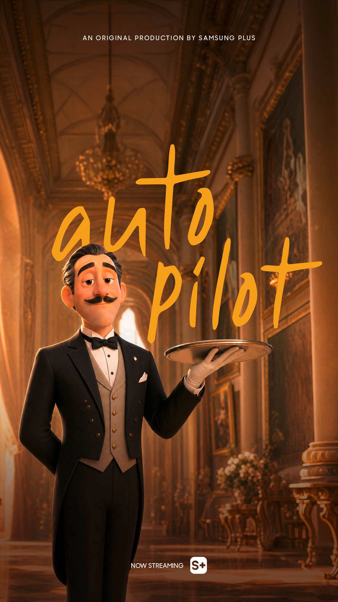 Filmplakat eines Kellners im Comicstyle in einem prunkvollen goldenen Flur, Titel ist „Autopilot“.