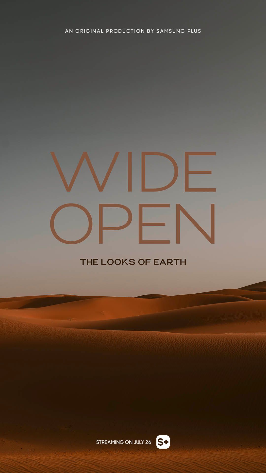 Wüstenlandschaft mit Dünen und einem großen Schriftzug „WIDE OPEN“ in der Mitte.