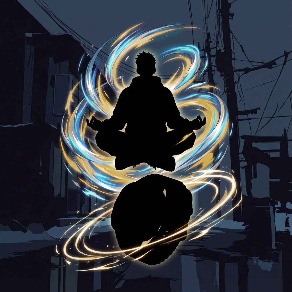 Silhouette einer meditierenden Person, umgeben von wirbelnder Energie, urbaner Hintergrund.