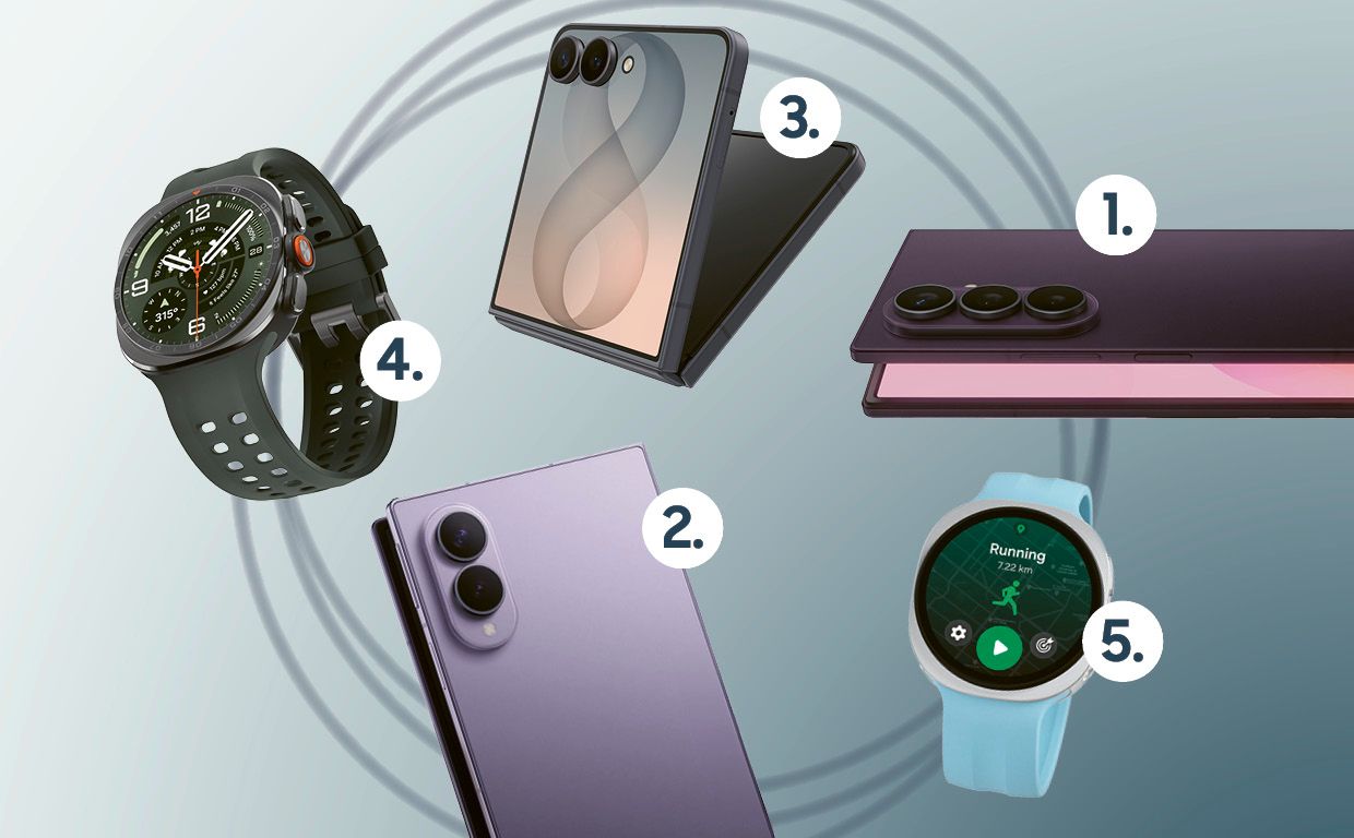 Fünf Samsung Geräte, nummeriert von 1 bis 5: drei Handys und zwei Smartwatches vor hellem Hintergrund.