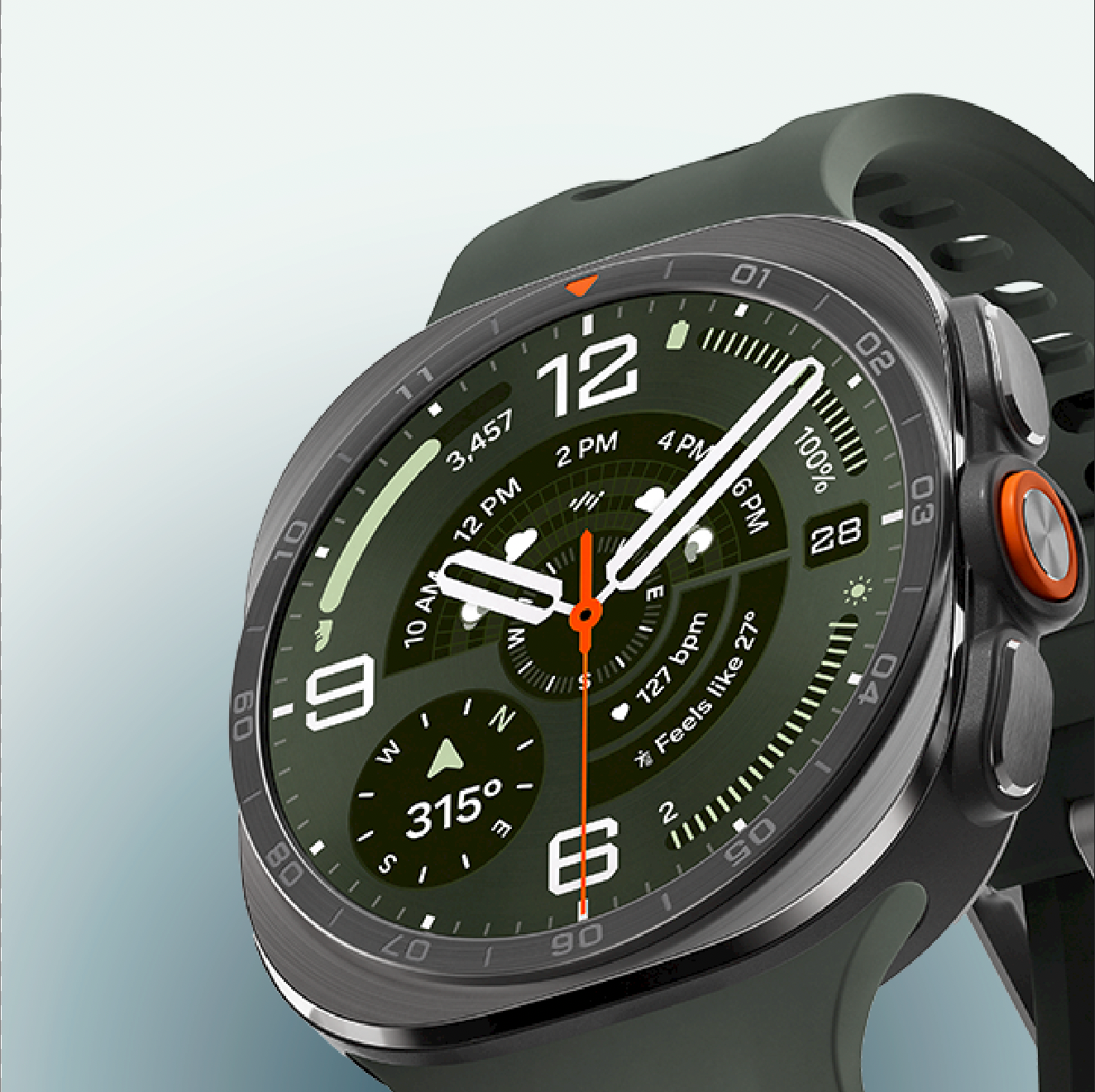 Nahaufnahme einer schwarzen Watch9 Ultra mit grünem Zifferblatt und orangefarbenem Akzentknopf.
