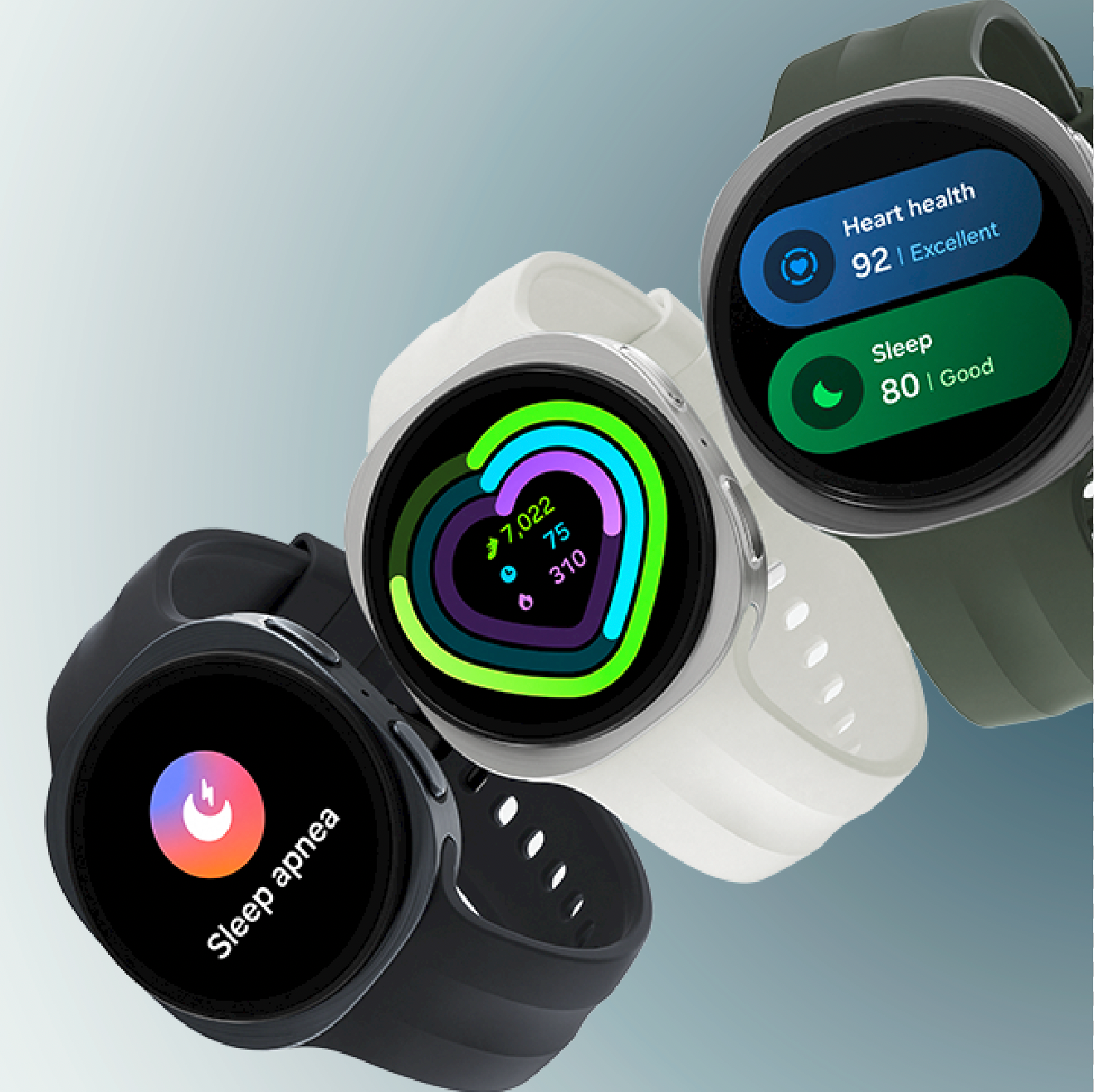 Drei Samsung Watch9 in Schwarz, Weiß und Grün, jeweils mit Fitness- und Benachrichtigungsbildschirmen.