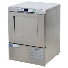 Commercial dishwasher with stainless steel exterior and control panel.