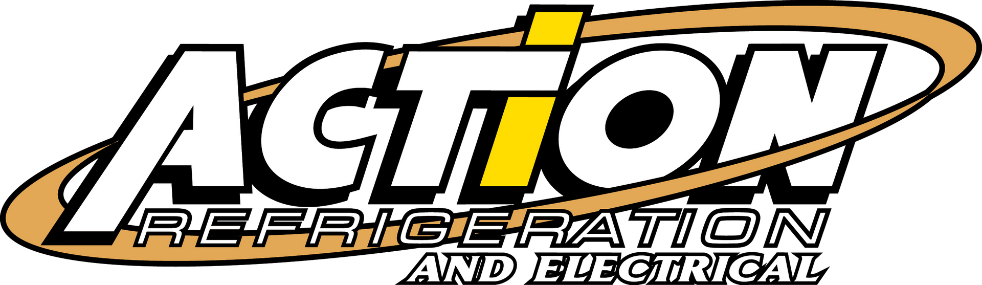 Logo for Action Refrigeration and Electrical. White text with yellow highlights and tan swoosh.