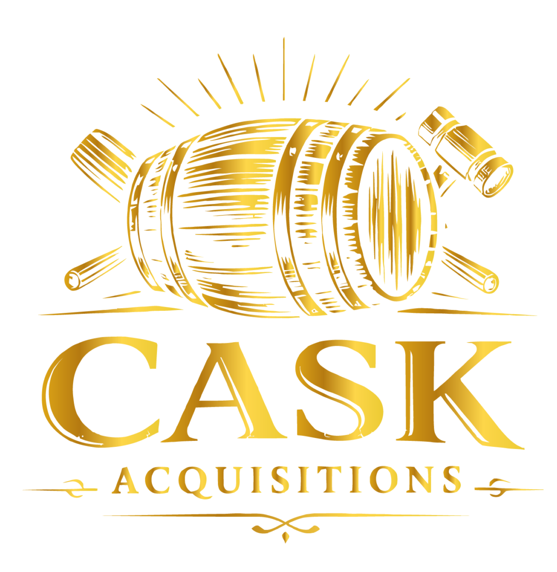 A gold logo with a wooden cask, crossed mallets, and the text "CASK ACQUISITIONS" on a white background.