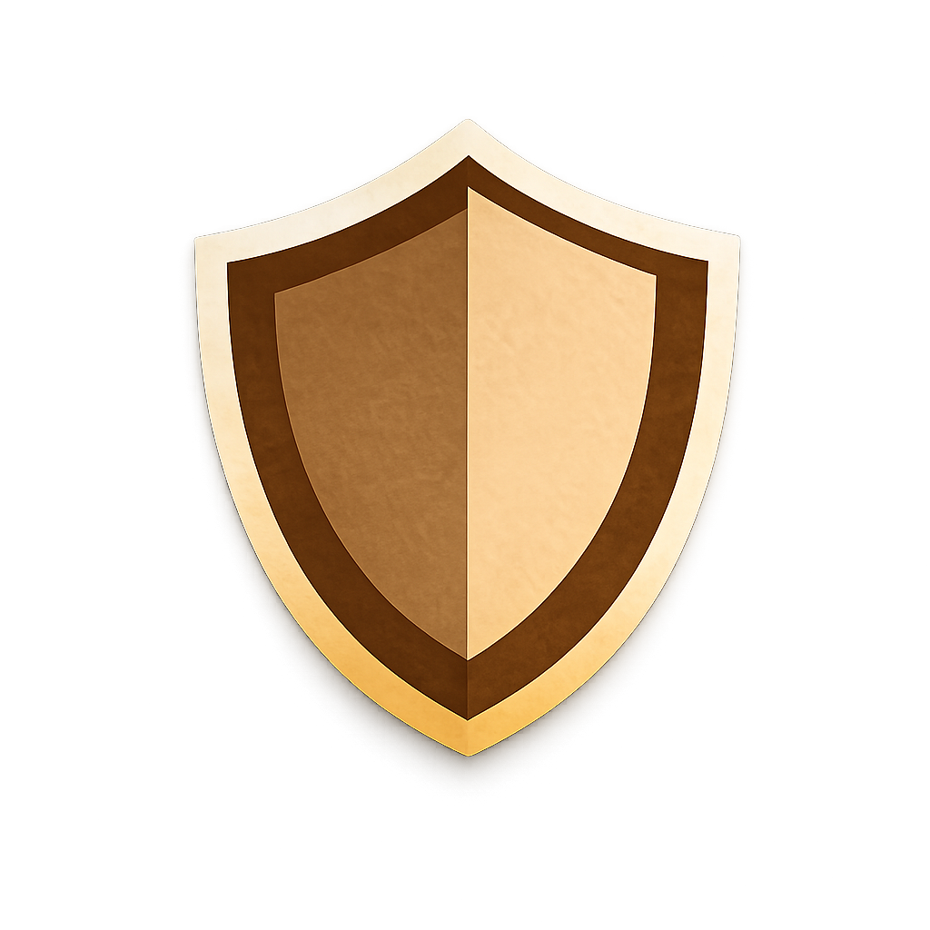 Gold and brown shield icon on a white background