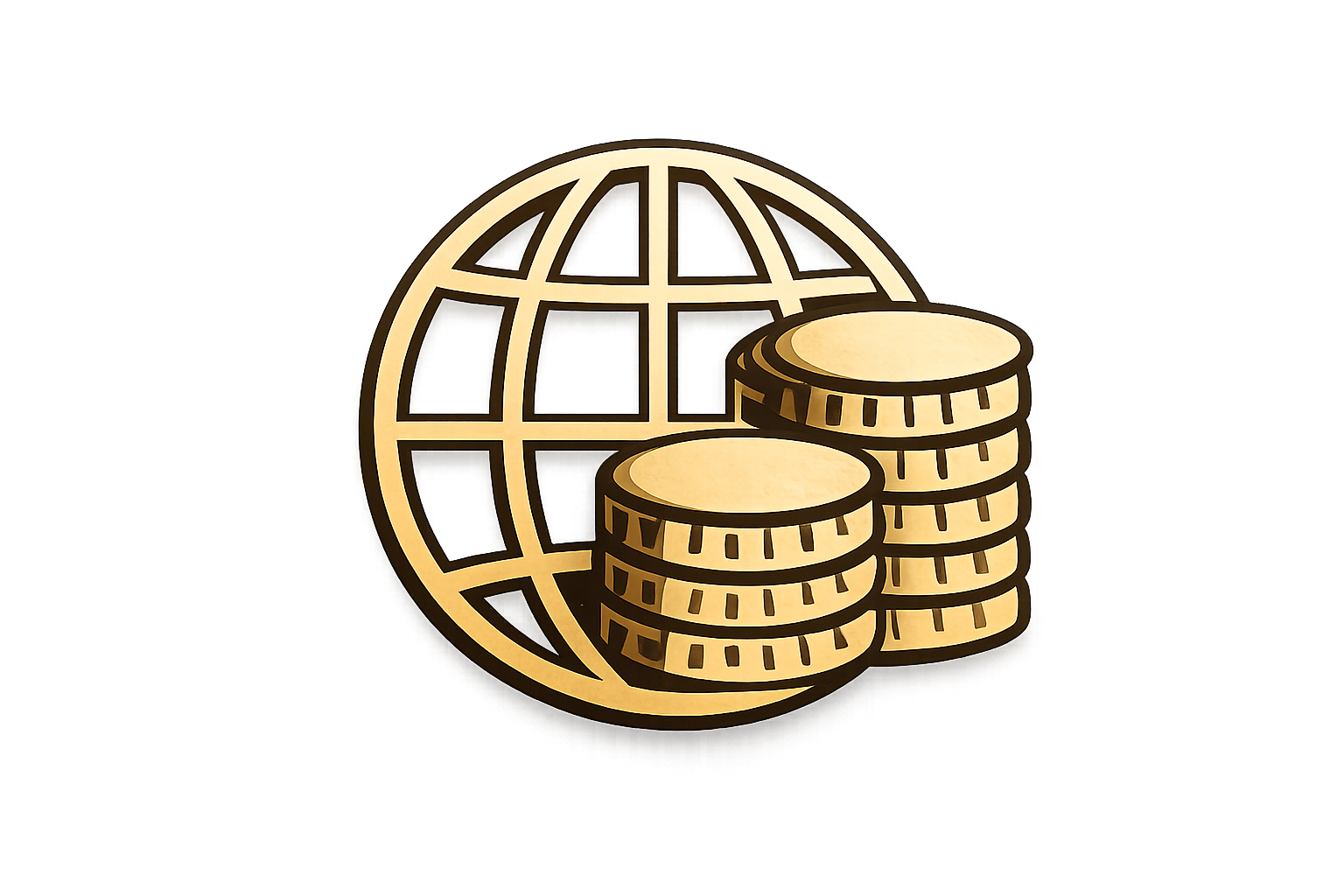 Gold globe with stacked gold coins in front, symbolizing global finance or currency exchange