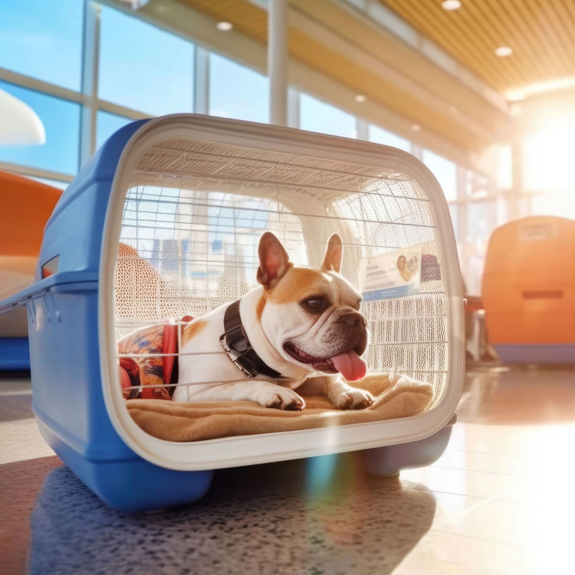 A dog inside a travel crate.