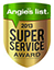 A gold shield with a green speech bubble that says `` super service award ''.