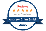 Avvo review badge with 5 orange stars, “out of 5 reviews,” and name Andrew Brian Smith