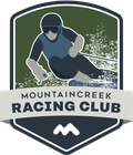 Mountaincreek Racing Club logo: skier in motion, dark blue, on green background; text