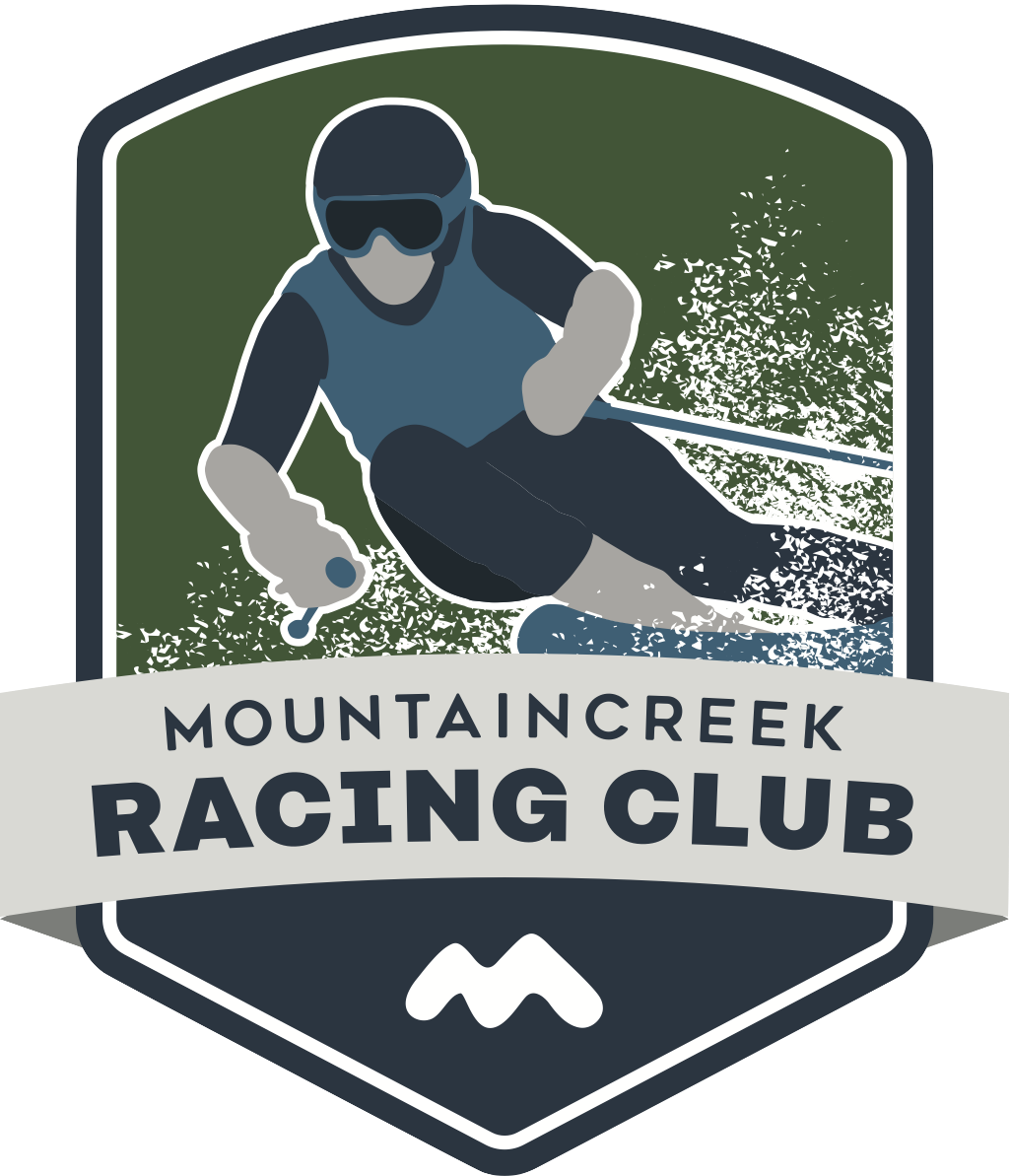 Mountaincreek Racing Club logo: skier in motion, dark blue, on green background; text 