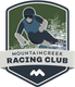 Mountaincreek Racing Club logo: skier in motion, dark blue, on green background; text