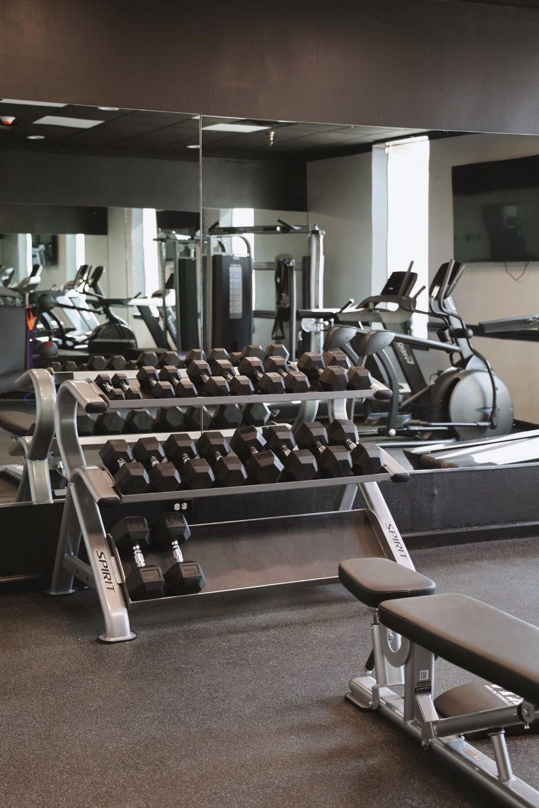 A gym with a lot of dumbbells and a bench