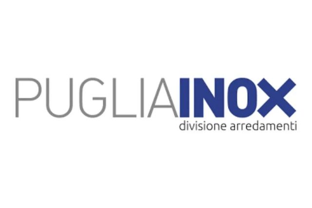 Logo di Puglia Inox, testo in grigio e blu, con "divisione arredamenti" in basso.