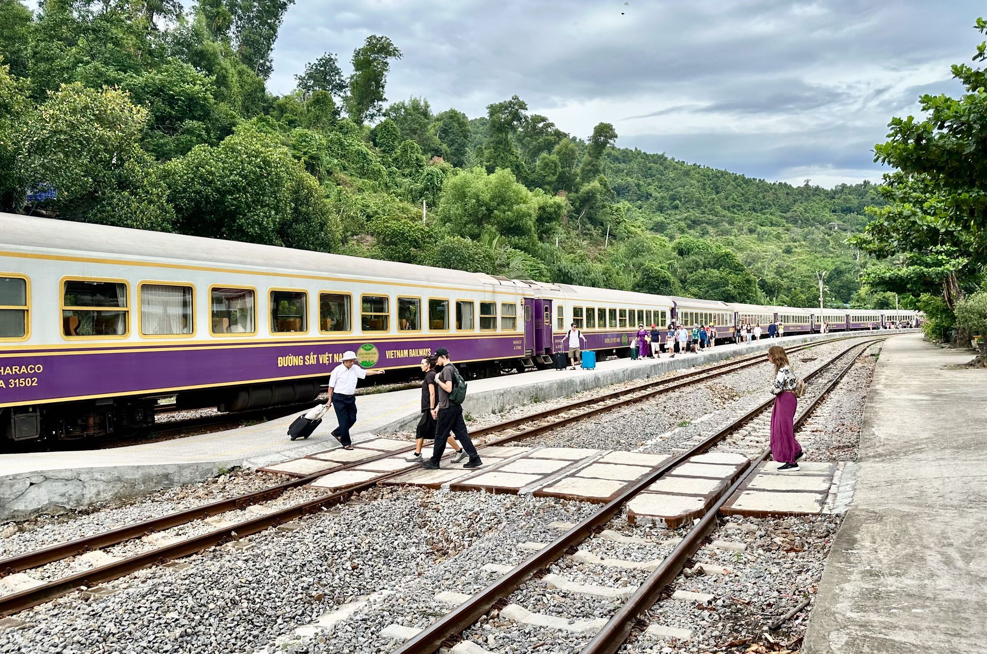 The Heritage train stops at Lang Co Station