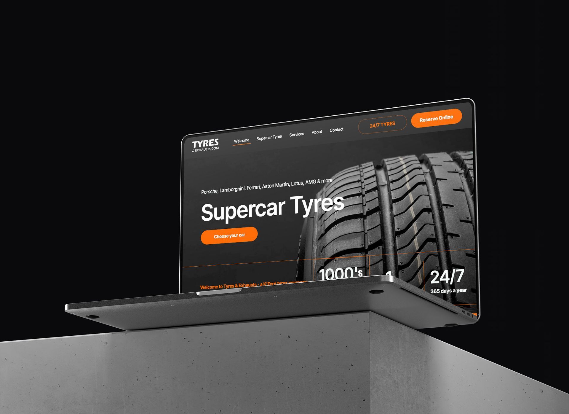 See our Latest Work Three screens showing Supercar Tyres on a website, laptop, tablet and smartphones all lined up left to right.