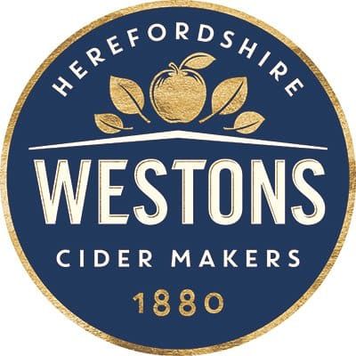 The logo for westons cider makers is a blue circle with an apple and leaves on it.