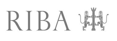 A logo for riba with two lions and a cross on a white background.
