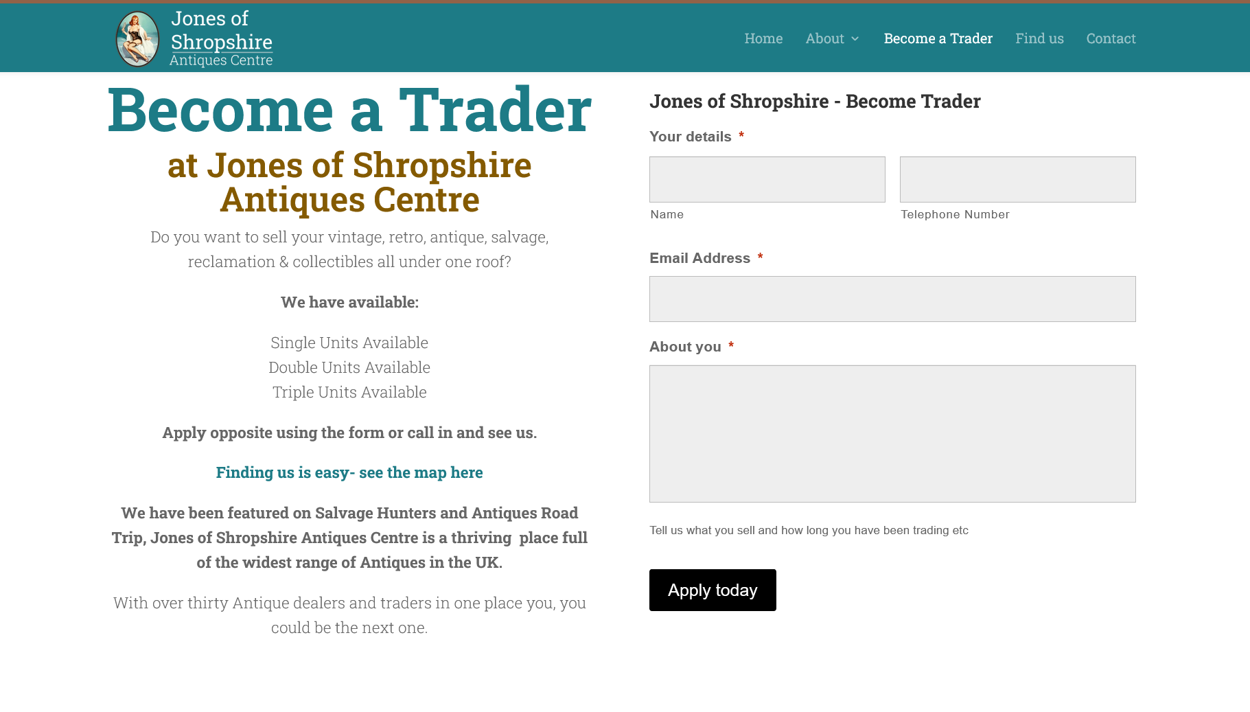 A website that says become a trader at jones of shrewsbury antiques centre