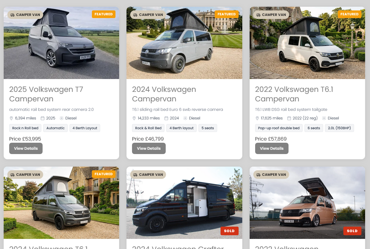 A picture of a van on a website that says amazing bespoke living spaces