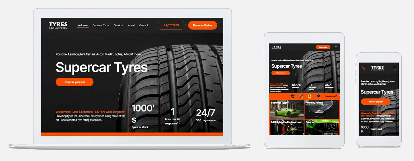 See our Latest Projects A website for supercar tyres is shown on a laptop tablet and phone