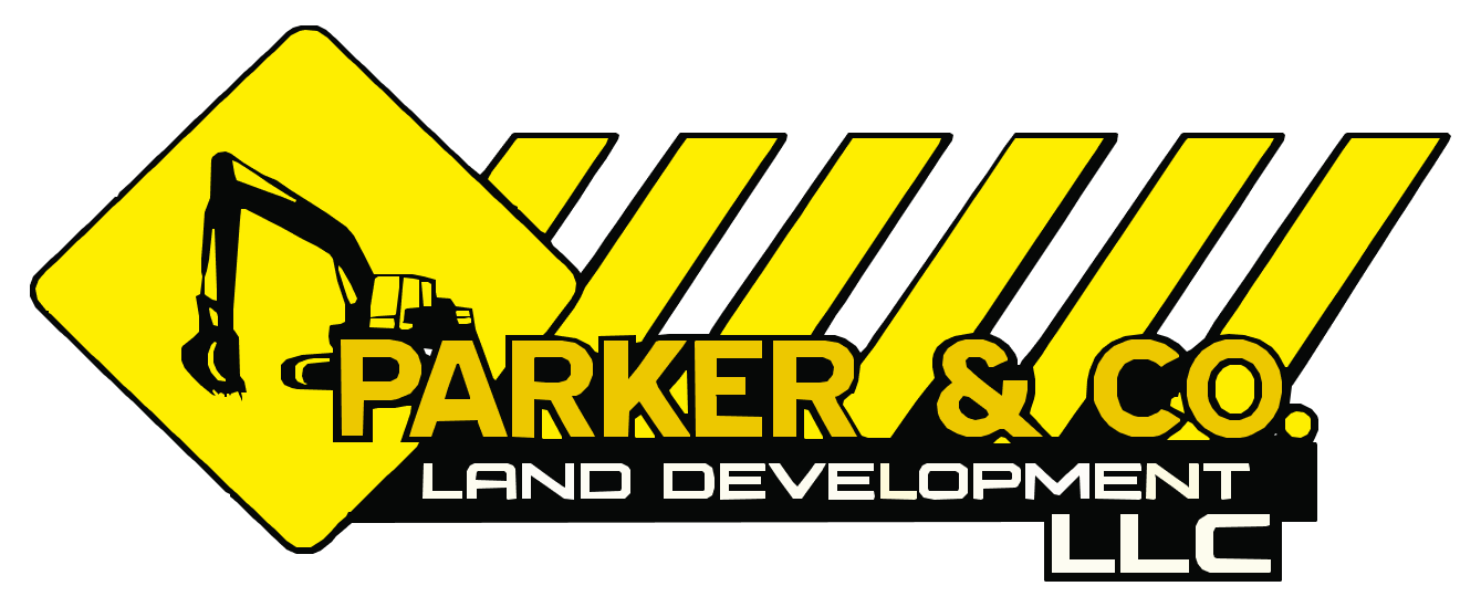Parker & Co. logo with black excavator silhouette on yellow diamond and striped background