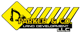 Parker & Co. logo with black excavator silhouette on yellow diamond and striped background