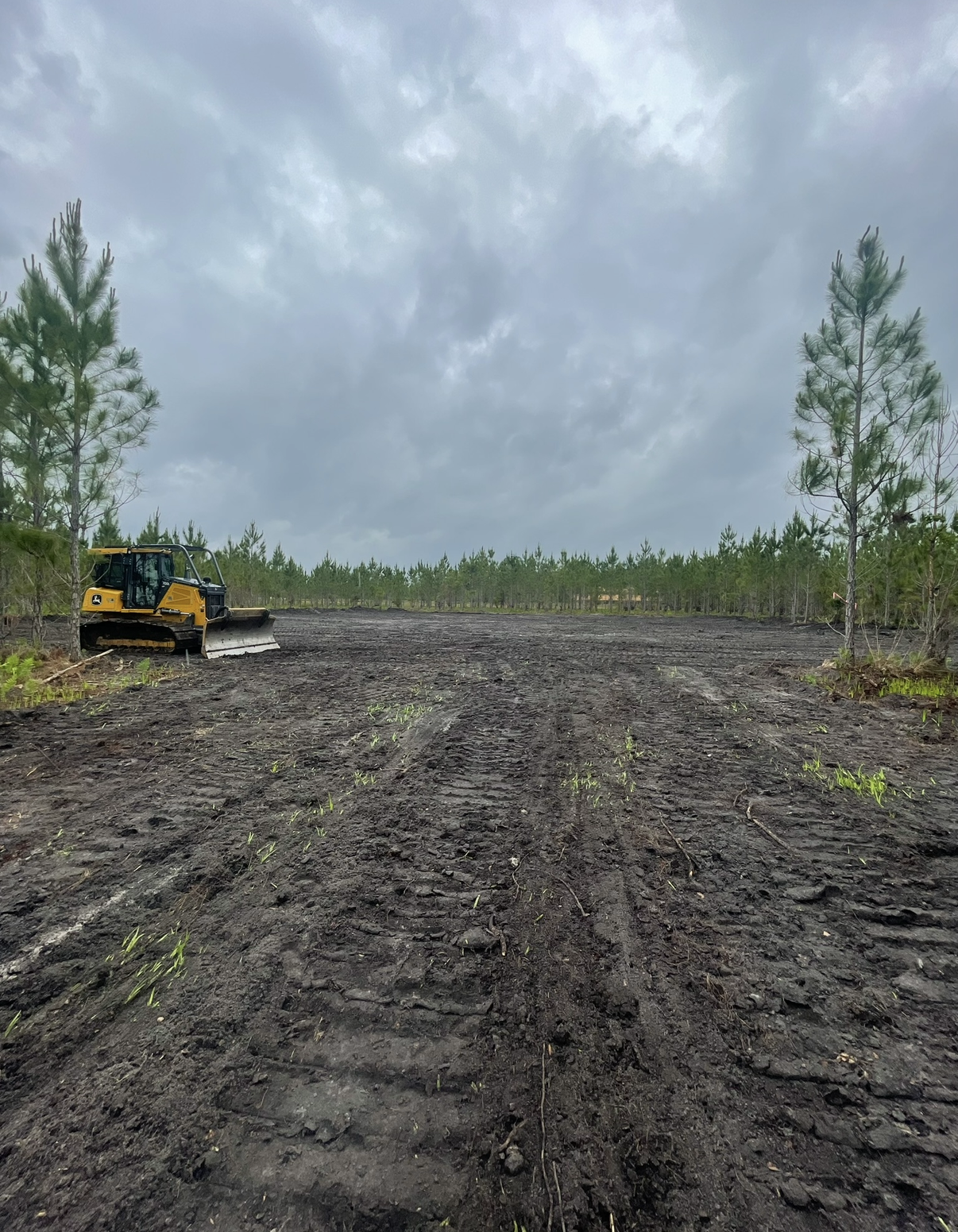 Bulldozer clearing muddy land under a cloudy sky with sparse trees nearby