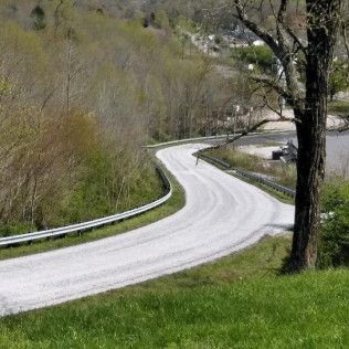 Winding white road through wooded hills with guardrails and a large tree in the foreground