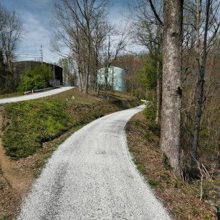 Curving gravel path through leafless trees beside a small lake on a sunny day