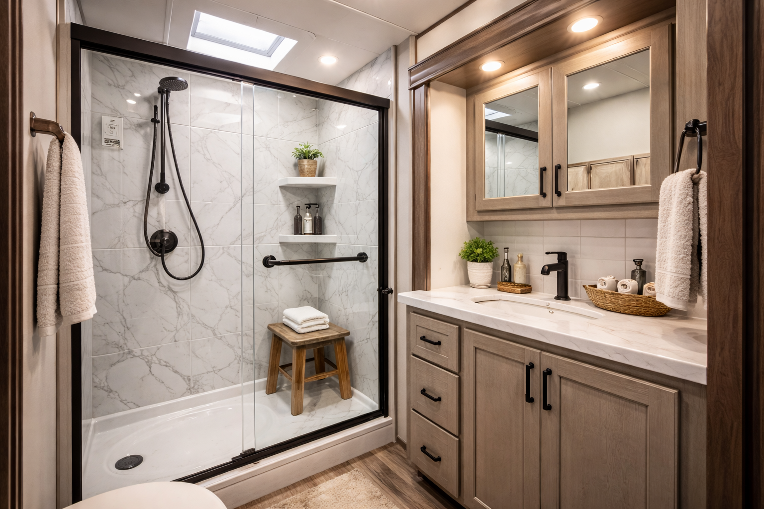 RV bathroom with marble-look shower, vanity, small stool, and built-in medicine cabinet, in neutral tones.