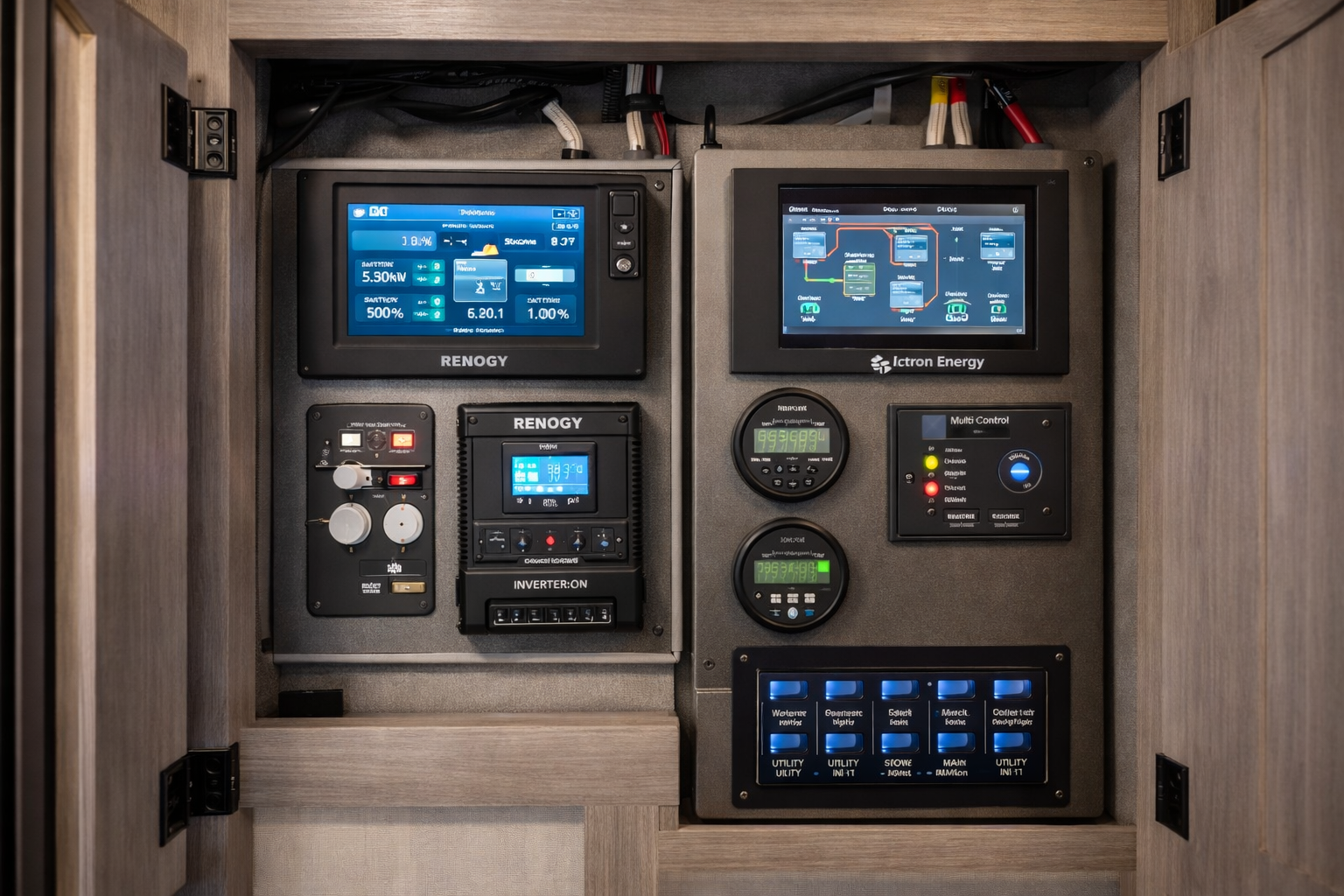 Control panel with multiple screens, gauges, and switches inside a cabinet.