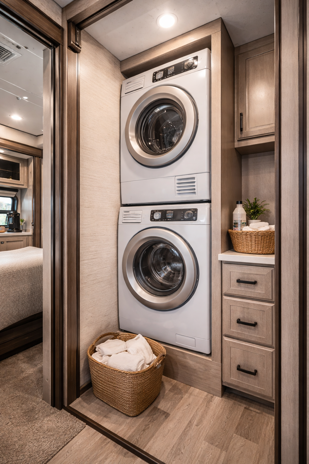 Stacked white washer and dryer in a small laundry area with storage cabinets, a basket of towels, and wooden flooring.