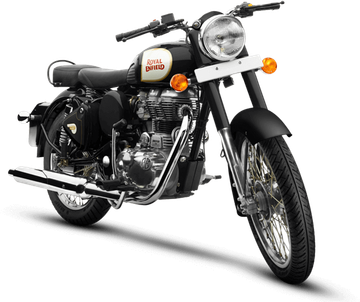Motocicleta Royal Enfield preta sobre fundo branco, vista frontal em ângulo.