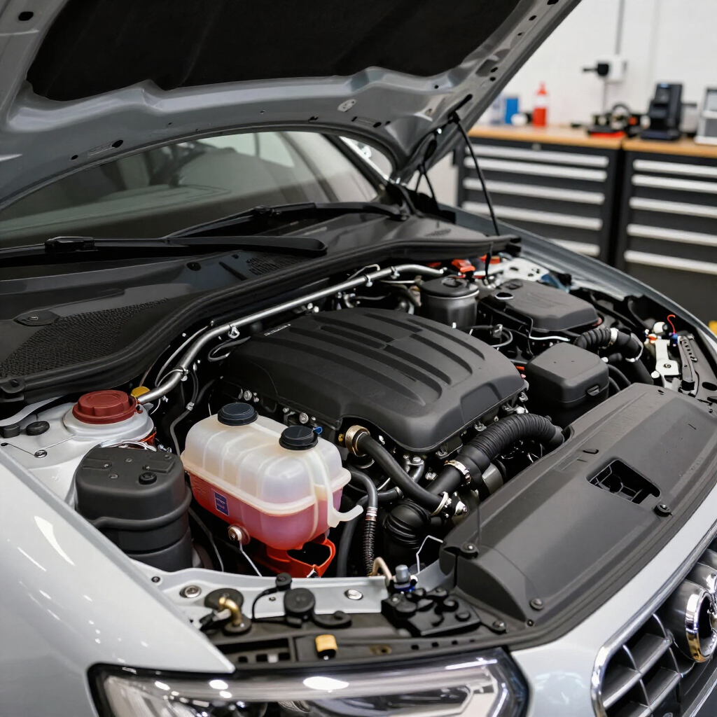 Open car hood showing a clean engine bay with fluid reservoirs and black engine cover in a garage