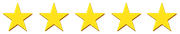 Five gold stars in a row on a white background