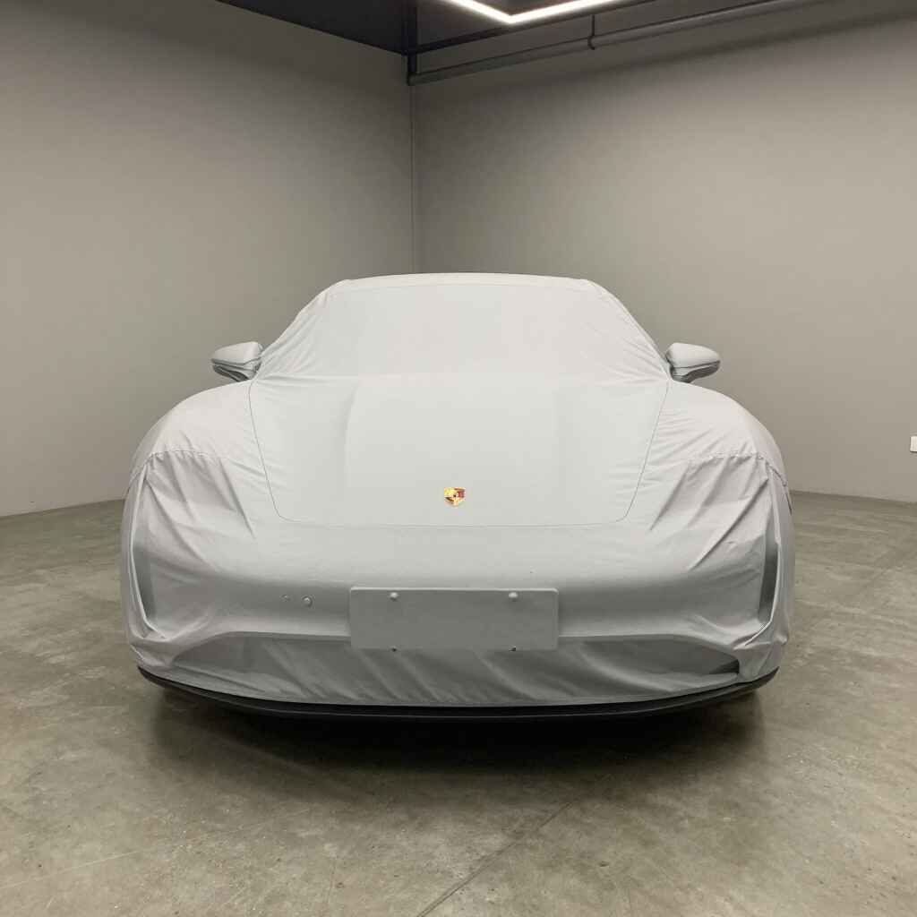 Covered white sports car in a minimalist indoor showroom or garage