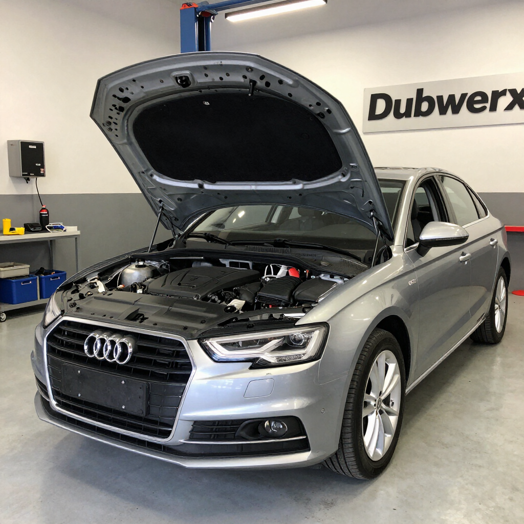 Silver Audi sedan with hood open in an auto shop bay under a Dubwerx sign