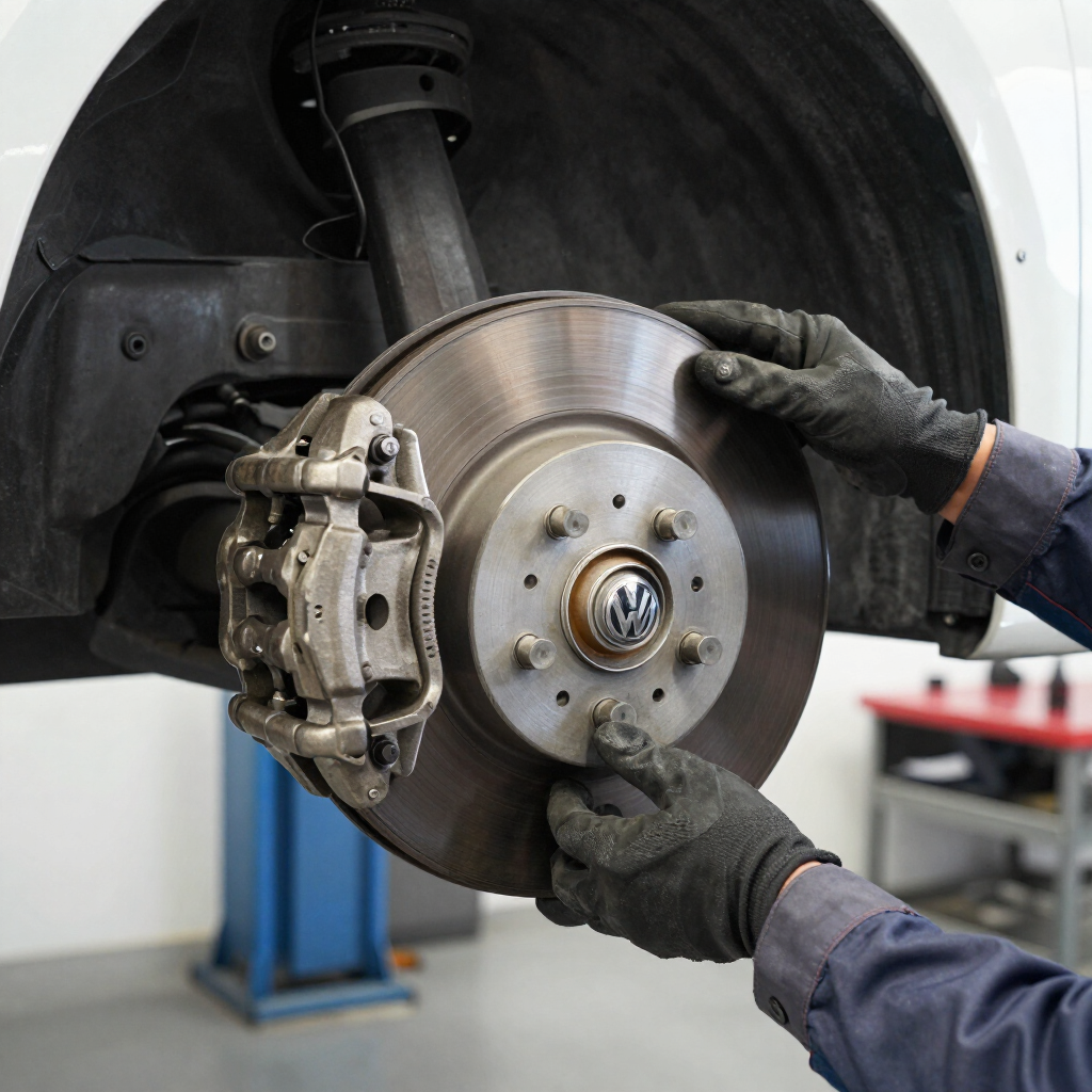 Mechanic’s gloved hands inspecting a car’s front brake rotor and caliper in a garage