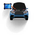Blue car with hood open and a jump starter connected to the battery on the left side