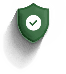 Green shield with a white checkmark and gray shadow, symbolizing security or protection